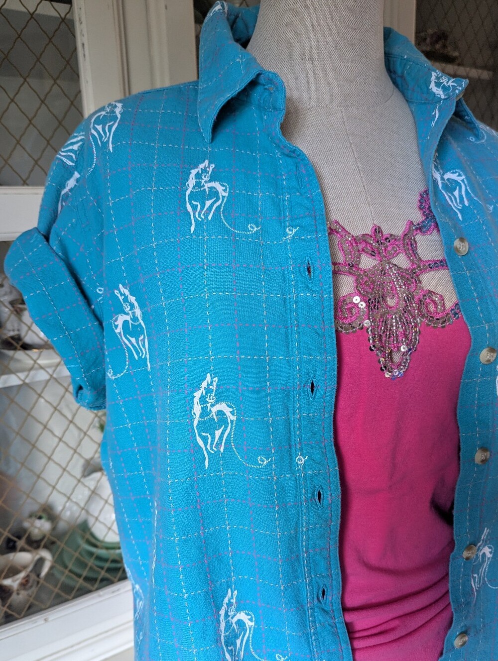 Rare VTG 80s Western Wrangler Blues Teal Plaid Button-Up Shirt Wild Horses